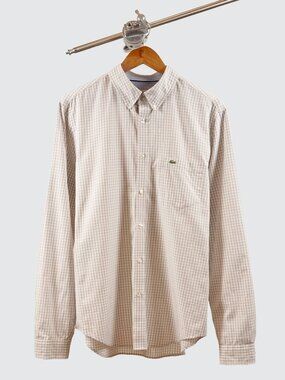 Lacoste Men's Large Grey White Gingham Check Long Sleeve Button Down